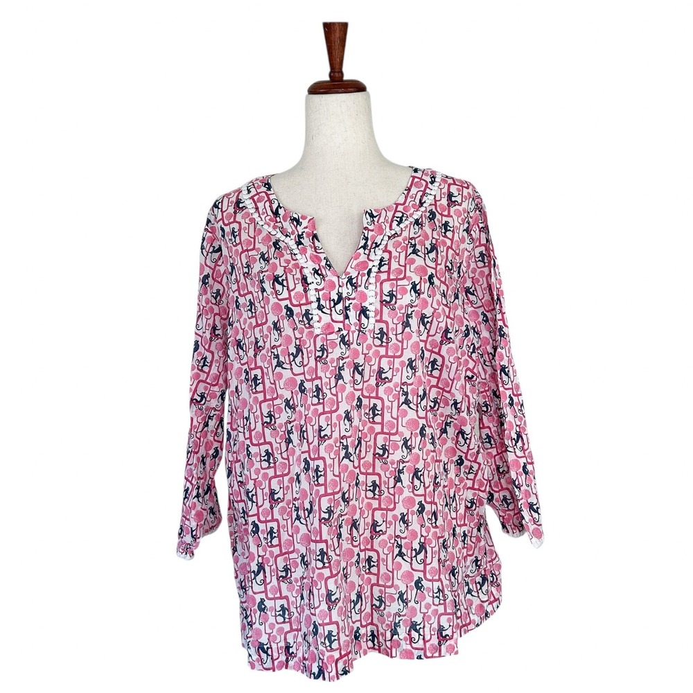 Talbots Pink Geometric Floral Print Blouse